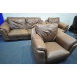 A BROWN LEATHER THREE PIECE LOUNGE SUITE, comprising a two seater settee, length 160cm x depth 100cm