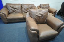 A BROWN LEATHER THREE PIECE LOUNGE SUITE, comprising a two seater settee, length 160cm x depth 100cm