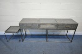 A MARINA HOME GREY FINISH SIDE / DRESSING TABLE, with two drawers, flanking a glazed display
