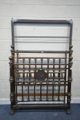 A 19TH CENTURY FRUITWOOD 4FT BEDSTEAD, with brass finials and decorations, spindled supports, the