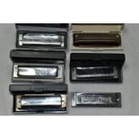 A COLLECTION OF SIX HARMONICAS, to include a M. Suzuki 'Harpmaster', a Blues & Power Swan Harmonica,