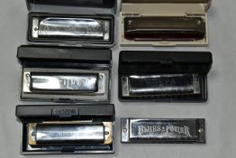 A COLLECTION OF SIX HARMONICAS, to include a M. Suzuki 'Harpmaster', a Blues & Power Swan Harmonica,