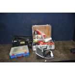 AN ALUMINIUM CASE AND A TOOL BAG CONTAINING TOOLS including a Bosch ixo cordless screwdriver with