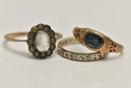 THREE GEM SET RINGS, to include an AF 9ct gold hematite intaglio signet ring, open work detailed