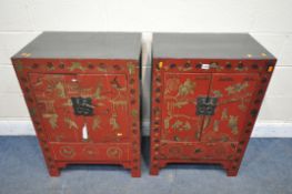 A PAIR OF ORIENTAL CHINESE TWO DOOR CUPBOARDS, width 58cm x depth 39cm x height 86cm (condition