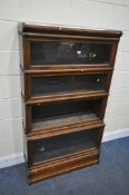 AN EARLY 20TH CENTURY GLOBE WERNICKE OAK FOUR TIER SECTIONAL BOOKCASE, with glazed hide and fall