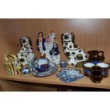 A GROUP OF NINETEENTH CENTURY CERAMICS, to include a Wedgwood majolica teapot of faux bamboo design,