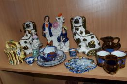A GROUP OF NINETEENTH CENTURY CERAMICS, to include a Wedgwood majolica teapot of faux bamboo design,