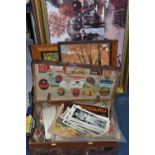 A VINTAGE SUITCASE, FOUR FRAMED PRINTS AND EPHEMERA, to include four framed prints, , thirty seven