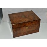 A LATE NINETEENTH CENTURY BURR WOOD VENEERED VANITY CASE, by H Greaves of New Street Birmingham,