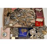 A BOX OF ASSORTED COSTUME JEWELLERY AND ITEMS, to include yellow and white metal chains, pendant