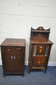 AN EDWARDIAN ROSEWOOD AND INLAID MUSIC CABINET, width 54cm x depth 36cm x height 130cm, and a two