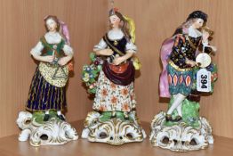 THREE EARLY 19TH CENTURY DERBY PORCELAIN FIGURES OF THE IDYLLIC MUSICIANS, comprising of a male