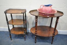 A VICTORIAN MAHOGANY OVAL TWO TIER WASHSTAND, with a pink jug and bowl, width 72cm x depth 48cm x