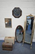 A PEERART GILT FRAMED CHEVAL MIRROR, and three wall mirrors, along with an oak cased singer sewing