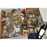A BOX OF ASSORTED JEWELLERY AND OTHER ITEMS, to include a faith hop love sweetheart brooch, a mother