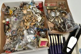 A BOX OF ASSORTED JEWELLERY AND OTHER ITEMS, to include a faith hop love sweetheart brooch, a mother