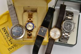 FIVE WRISTWATCHES, the first a Tissot Sideral automatic watch, blue dial with small square hour