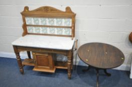 AN EDWARDIAN SATINWOOD MARBLE TOP WASHSTAND, with a tile back and single cupboard door, width
