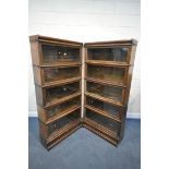 AN EARLY 20TH CENTURY GLOBE WERNICKE TWIN CORNER SECTIONAL BOOKCASE, comprising of ten glazed fall