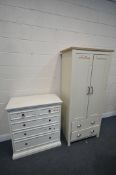 A MODERN CREAM FINISH TWO DOOR WARDROBE, with two drawers, width 79cm x depth 52cm x height 182cm,