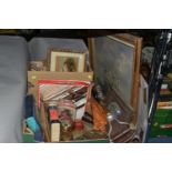 TWO BOXES AND LOOSE PICTURES, METALWARES AND SUNDRY ITEMS, to include The Beatles 1962-1966 LP