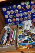 TWO TRAYS OF VINTAGE PIN BADGES AND A COLLECTION OF SOUVENIR PENCILS, comprising a painted metal