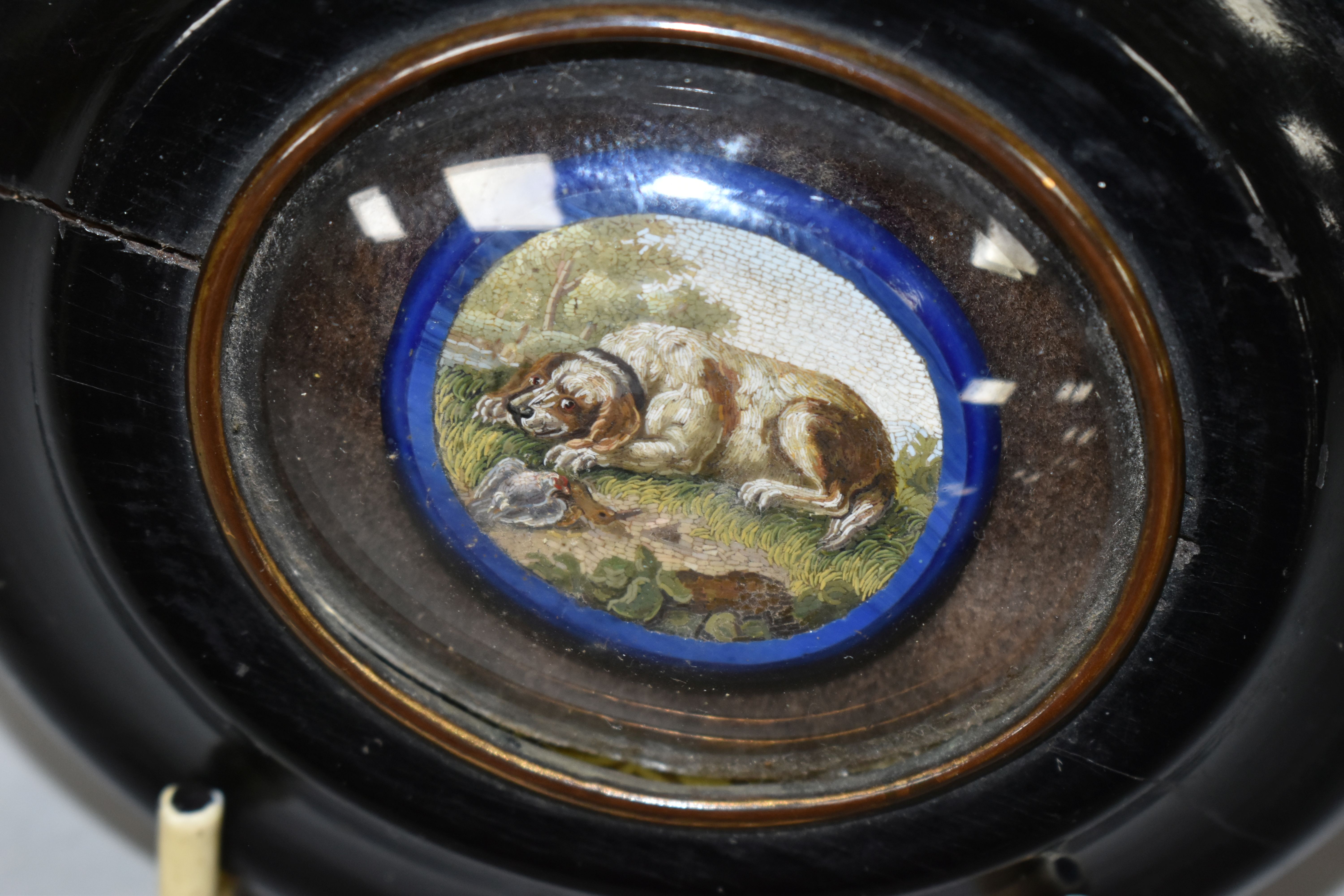 A FRAMED NINETEENTH CENTURY MICROMOSAIC, depicting a dog/hound lying beside game within a landscape, - Image 4 of 5