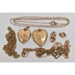 FOUR CHAINS AND TWO HEART LOCKETS, four AF yellow metal chains, approximate gross weight 6.5