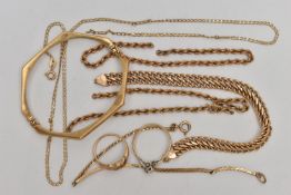 AN ASSORTMENT OF 9CT GOLD JEWELLERY, a selection of AF jewellery items, to include chains,