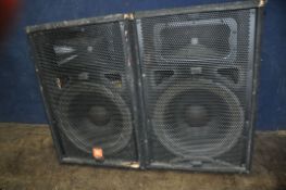A PAIR OF JBL SOUND FACTOR SF15 PA SPEAKERS with 1x15in and horn, rear panel adapted to take Speakon