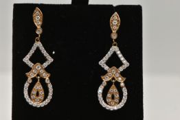 A PAIR OF 9CT GOLD DROP EARRINGS, yellow and white gold open work earrings, set with circular cut