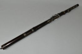 AN EARLY 19TH CENTURY MONZANI & CO EIGHT KEY FOUR PART ROSEWOOD FLUTE, with silver keys hallmarked