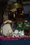 TWO BOXES AND LOOSE CERAMICS, METALWARES AND SUNDRY ITEMS, to include a Grimwades Appleland lustre