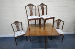A GEORGIAN OAK GATE LEG TABLE, width 11cm x depth 52cm x height 74cm, and four mahogany chairs (