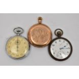 TWO POCKET WATCHES AND A STOP WATCH, to include a gold plated full hunter, manual wind pocket