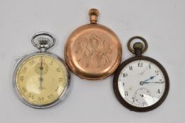 TWO POCKET WATCHES AND A STOP WATCH, to include a gold plated full hunter, manual wind pocket