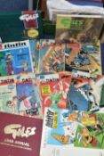 TWO BOXES OF BOOKS & COMICS containing a large collection of 1950's - 1970's European 'Tintin'