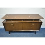 A MID-CENTURY G PLAN TOLA AND BLACK SIDEBOARD, with three drawers two bifold cupboard doors, width