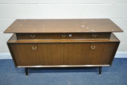 A MID-CENTURY G PLAN TOLA AND BLACK SIDEBOARD, with three drawers two bifold cupboard doors, width