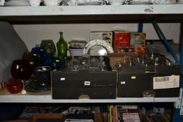 TWO BOXES OF ASSORTED COLOURED GLASSWARE AND DRINKING GLASSES, to include boxed sets of drinking