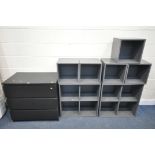 AN IKEA BLACK CHEST OF THREE DRAWERS, width 81cm x depth 49cm x height 78cm, and a selection of grey