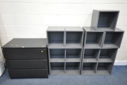 AN IKEA BLACK CHEST OF THREE DRAWERS, width 81cm x depth 49cm x height 78cm, and a selection of grey