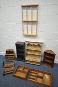 A SELECTION OF OCCASIONAL FURNITURE, to include an oak open bookcase, a pine hanging bookcase, two