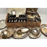 A BOX OF ASSORTED WHITE METAL WARE, to include a canteen of EPNS cutlery, EPNS trays, a three