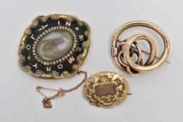 THREE LATE VICTORIAN BROOCHES, the first a gold knot brooch, fitted with a base metal pin and c