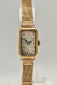 AN EARLY 20TH CENTURY LADYS GOLD WRISTWATCH, manual wind requires attention, rectangular discoloured