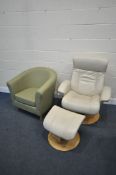 A CREAM LEATHER STRESSLESS STYLE SWIVEL RECLINING ARMCHAIR, along with a green upholstered tub chair