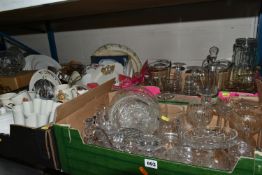 FIVE BOXES AND LOOSE CERAMICS, GLASS AND METALWARE, including boxed Georgian Crystal (Tutbury)