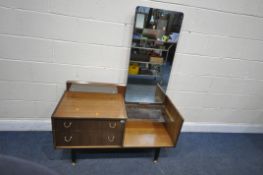 A G PLAN TOLA AND BLACK AFROMOSIA TEAK DRESSING CHEST, with two drawers, two glass shelves, and a